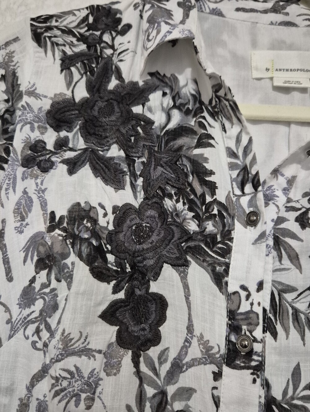 Anthropologie Pale Blue and White Black Floral Embroidery Tiered Shirt Dress-0 - Picture 5 of 13